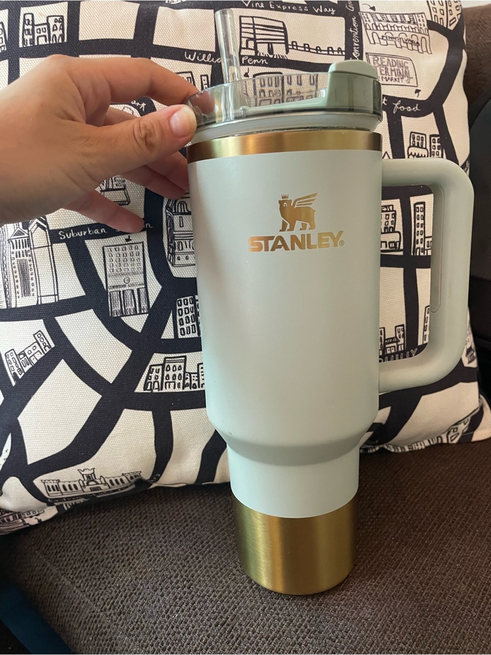 Stanley Mint Green Travel Mug with Gold Accents and Handle